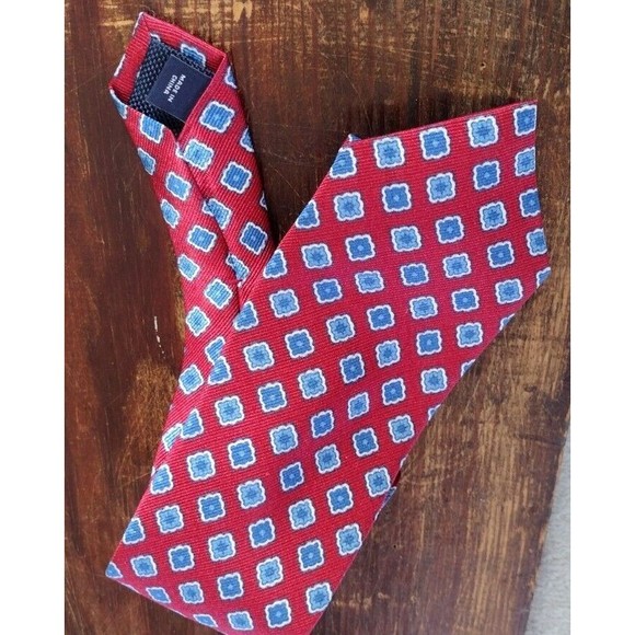 100% Silk Necktie Floral Square Print Roundtree & Yorke Mens Red Blue White - Picture 5 of 10